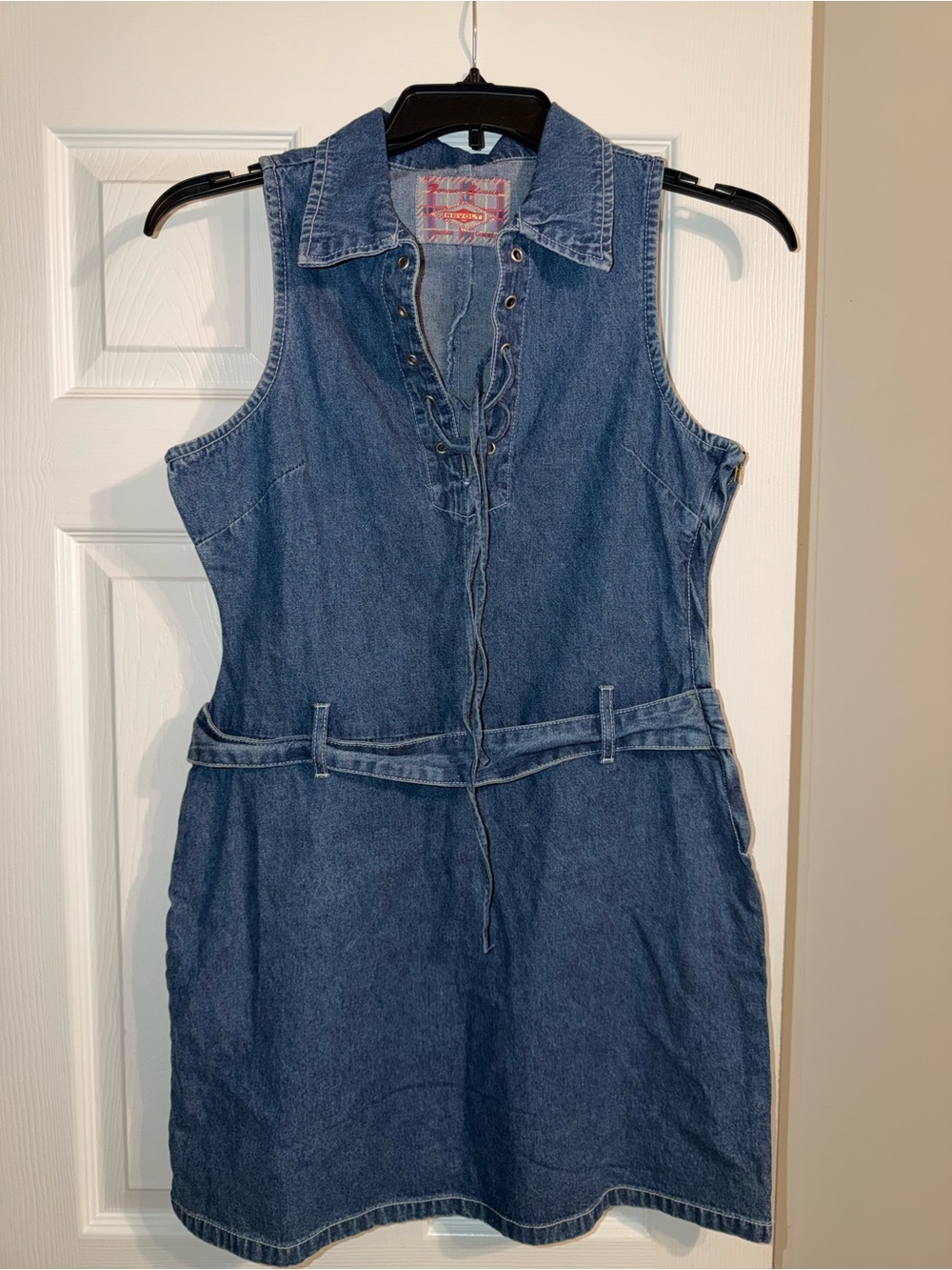Vintage Y2K Revolt Denim Mini Dress Lace Up Grommet Sleeveless Jean Dress M